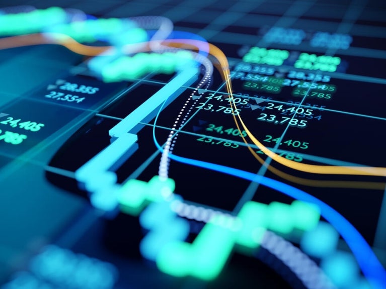close up shot of a digital stock market tracking graph following a recent crash in prices. Bear market 3D illustration