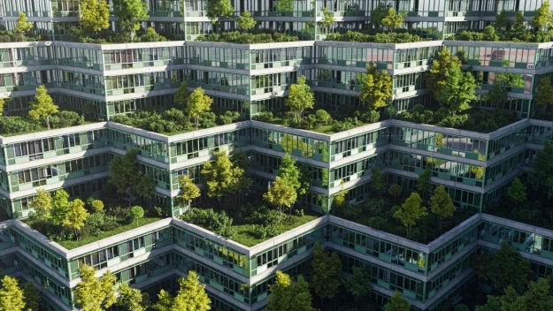 a building with green rooftops